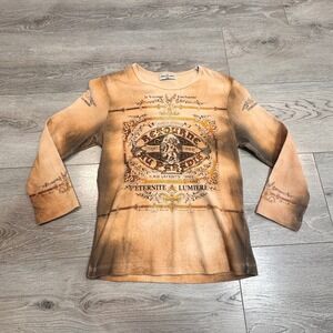 Skinny Minnie Y2K Vintage French Graphic 3/4 Sleeve Top Tan Brown Large